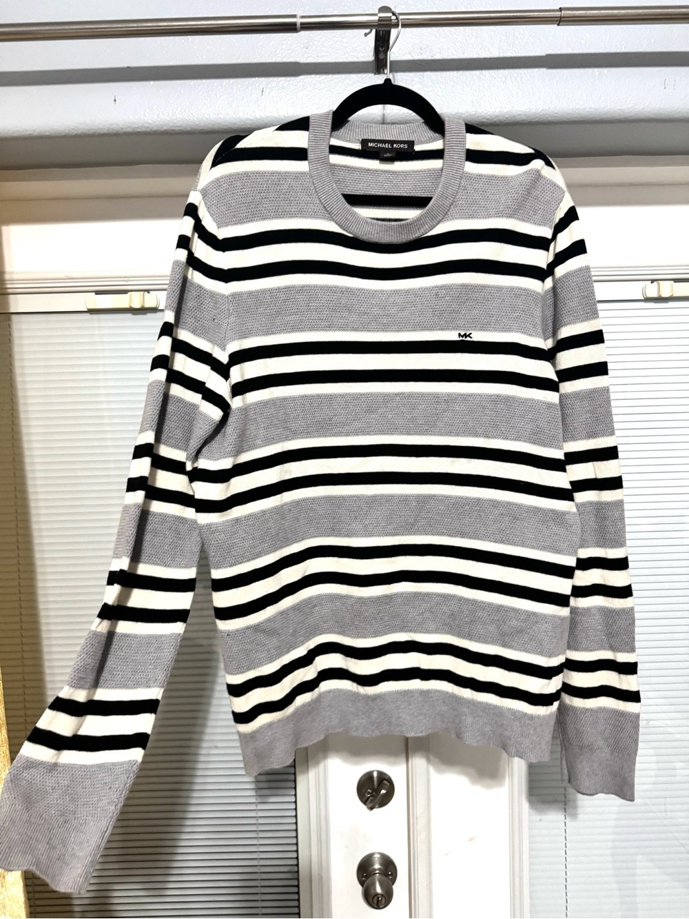 Michael Kors Men’s Gray, Black & White Striped Crewneck Pullover
